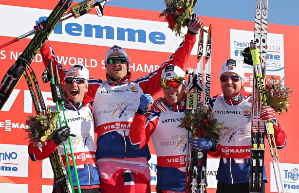 Norway I at the 2013 FIS Nordic World Championships in Val di Fiemme, Italy: Sjur Roehte, Petter Northug, Eldar Roenning and Martin Johnsrud Sundby secured gold. And nobody asked about wax. Photo: Newspower.it